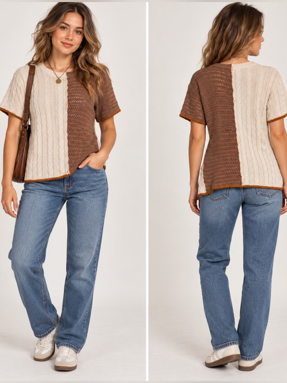 Gilded Intent Two-Tone Short-Sleeve Goblincore Earthy Knit Top Cream & Brown L
